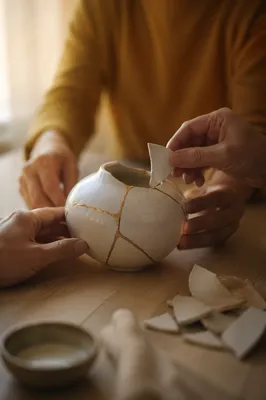 Hands Repairing Kintsugi Ceramic Vessel