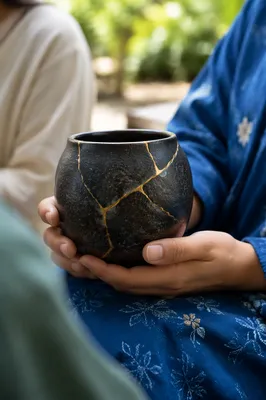 Hands Holding Kintsugi Repaired Ceramic Vessel