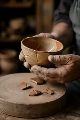 Hands Holding Kintsugi Repaired Ceramic Bowl