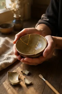 Hands Holding Kintsugi Repaired Ceramic Bowl