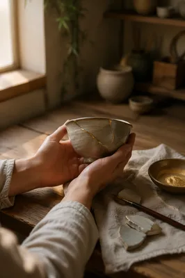 Hands Holding Kintsugi Repaired Ceramic Bowl
