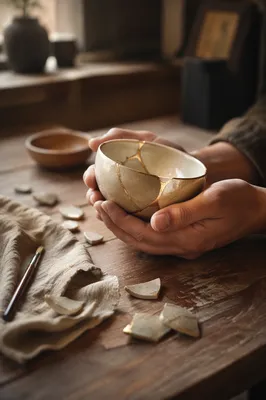 Hands Holding Kintsugi Repaired Pottery Bowl