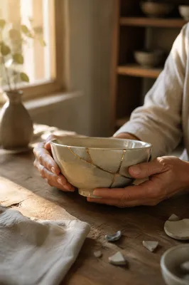 Hands Holding Repaired Kintsugi Pottery Bowl