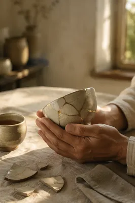 Hands Holding Kintsugi Repaired Pottery Bowl