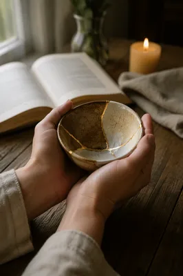 Hands Holding Kintsugi Pottery in Prayer Corner