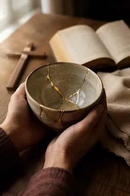 Hands Holding Kintsugi Bowl in Morning Devotion