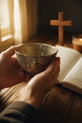 Hands Holding Kintsugi Bowl in Prayerful Reflection