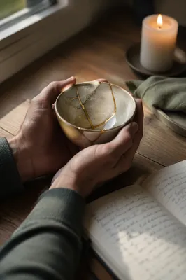 Hands Holding Kintsugi Bowl in Morning Devotion