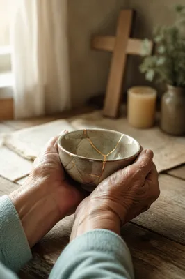 Hands Holding Kintsugi Bowl in Prayer Corner