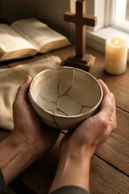 Kintsugi Bowl Held in Morning Prayer