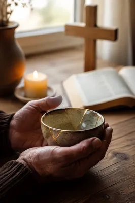 Hands Holding Kintsugi Bowl in Morning Prayer