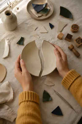 Hands Holding Broken Pottery in Kintsugi Moment