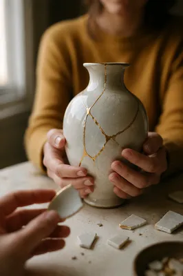 Hands Repairing Broken Pottery with Kintsugi