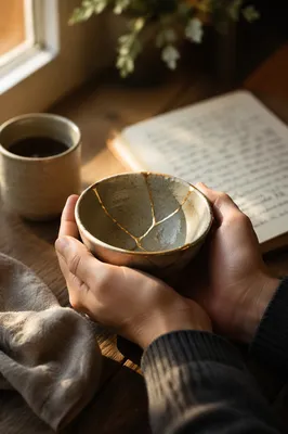 Hands Holding Kintsugi Bowl in Morning Light