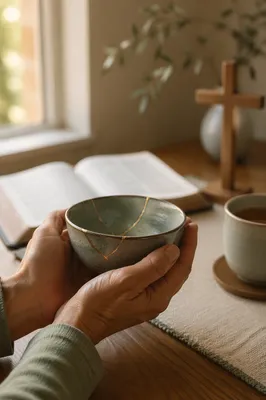 Hands Holding Kintsugi Bowl in Prayerful Morning