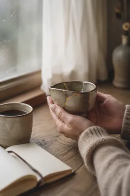 Hands Holding Repaired Kintsugi Pottery Bowl