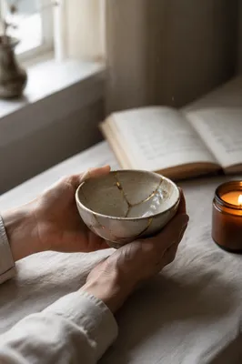 Hands Holding Kintsugi Bowl in Morning Light
