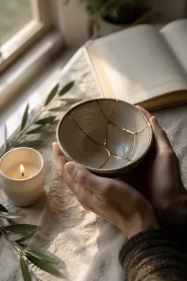Hands Holding Kintsugi Bowl in Morning Light