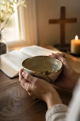 Hands Holding Kintsugi Bowl in Morning Devotion