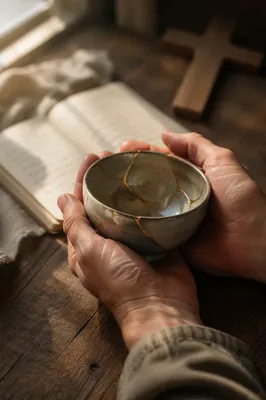 Hands Holding Kintsugi Bowl in Prayer