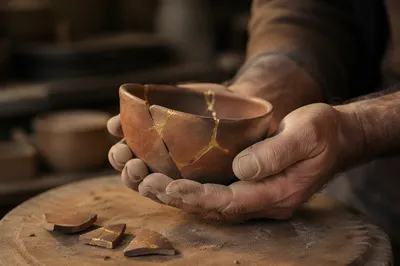 Hands Holding Kintsugi Repaired Ceramic Bowl