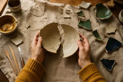Hands Holding Broken Pottery for Kintsugi Repair