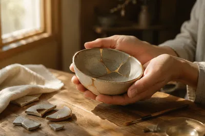 Hands Holding Kintsugi Repaired Ceramic Bowl