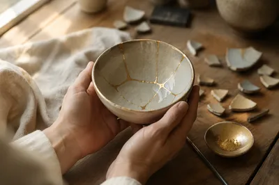 Hands Holding Kintsugi Repaired Ceramic Bowl