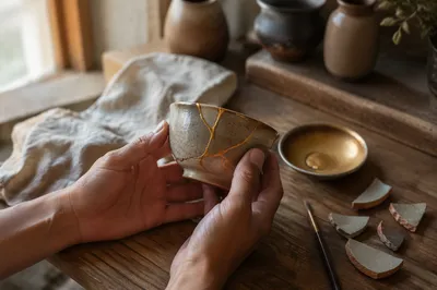 Hands Holding Repaired Kintsugi Ceramic Bowl