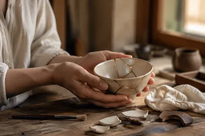 Hands Holding Kintsugi Repaired Pottery Bowl