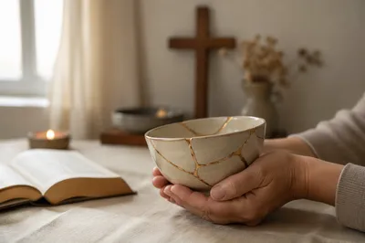 Hands Holding Kintsugi Bowl in Prayer Corner