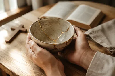 Hands Holding Kintsugi Bowl in Morning Devotion