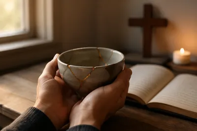 Hands Holding Kintsugi Bowl in Prayerful Reflection