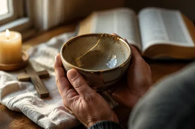 Hands Holding Kintsugi Bowl in Prayer Corner