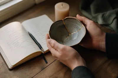 Hands Holding Kintsugi Bowl in Morning Light