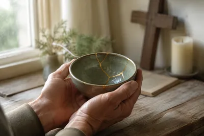 Hands Holding Kintsugi Bowl in Morning Prayer