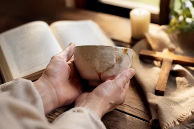 Hands Holding Kintsugi Bowl in Morning Prayer