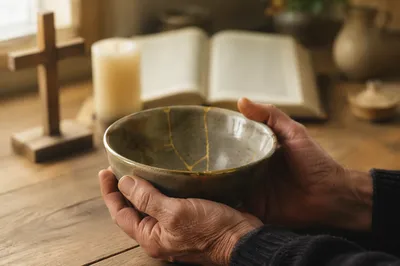 Hands Holding Kintsugi Bowl in Morning Light