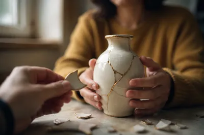 Hands Holding Kintsugi Repaired Broken Pottery