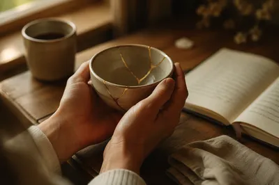 Hands Holding Kintsugi Bowl in Morning Light