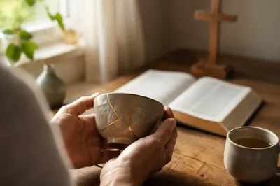 Hands Holding Kintsugi Bowl in Morning Prayer