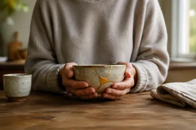 Hands Holding Kintsugi Bowl in Morning Light