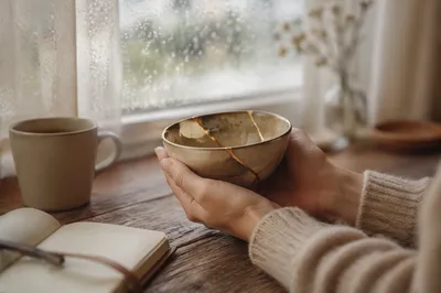 Hands Holding Kintsugi Bowl in Morning Light