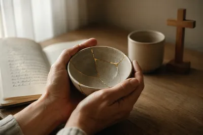 Hands Holding Kintsugi Bowl in Prayer Corner