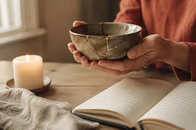 Hands Holding Kintsugi Bowl in Morning Light