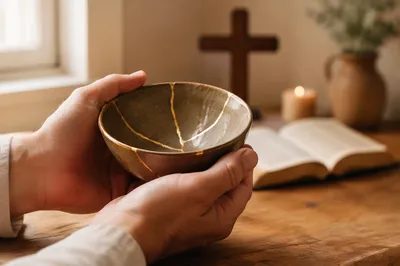 Hands Holding Kintsugi Bowl in Morning Devotion