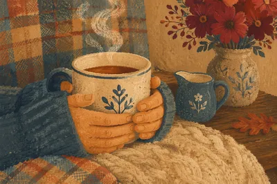 Cozy Hands Holding Steaming Autumn Mug
