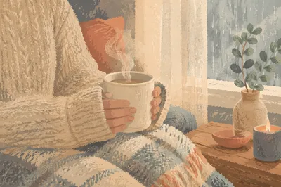 Cozy Hands Holding Steaming Morning Mug