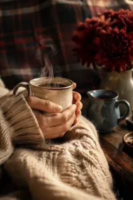 Cozy Hands Holding Steaming Autumn Mug