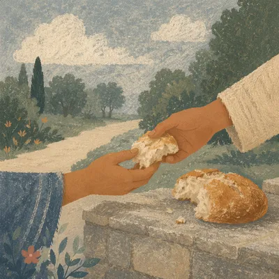 Sharing Rustic Bread in a Peaceful Park